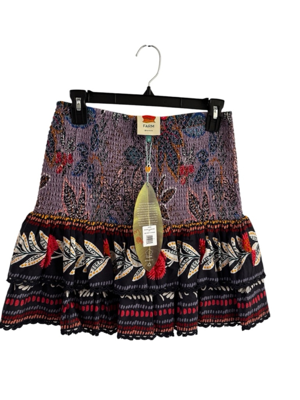 Farm Rio Purple Smocked Floral Tiered Mini Skirt, size small